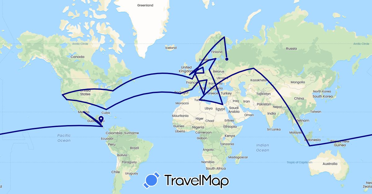 TravelMap itinerary: driving in Austria, Switzerland, Costa Rica, Germany, Denmark, Egypt, Spain, Finland, France, United Kingdom, Indonesia, Italy, Mexico, Nicaragua, Netherlands, Poland, Portugal, Russia, Sweden, Tunisia, United States (Africa, Asia, Europe, North America)